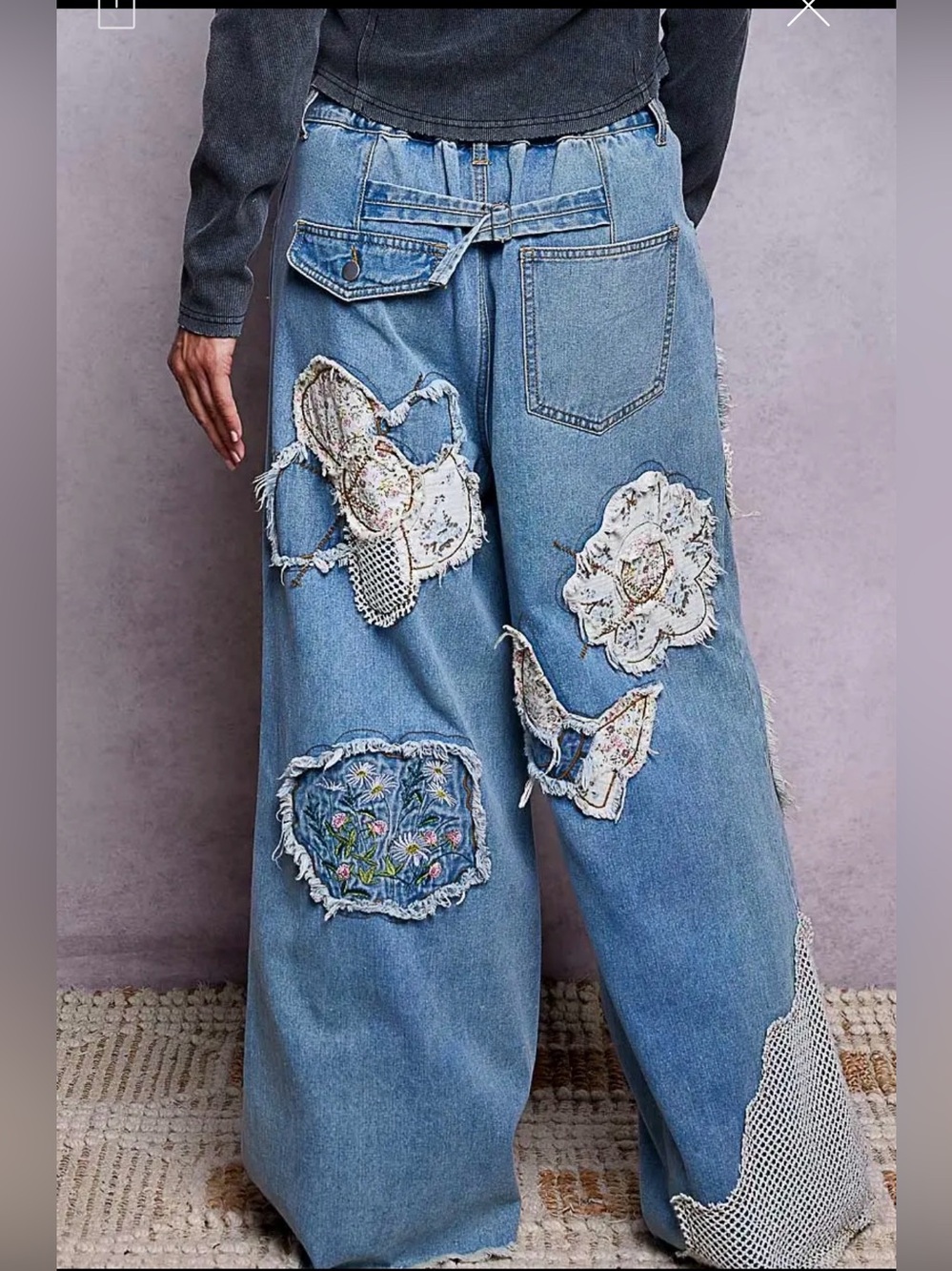 POL floral lace patchwork embroidered stitch bohemian floral pants jeans - Picture 3 of 5